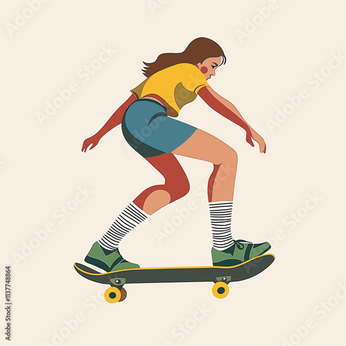 Person skateboarding with long hair, stylishly illustrated.