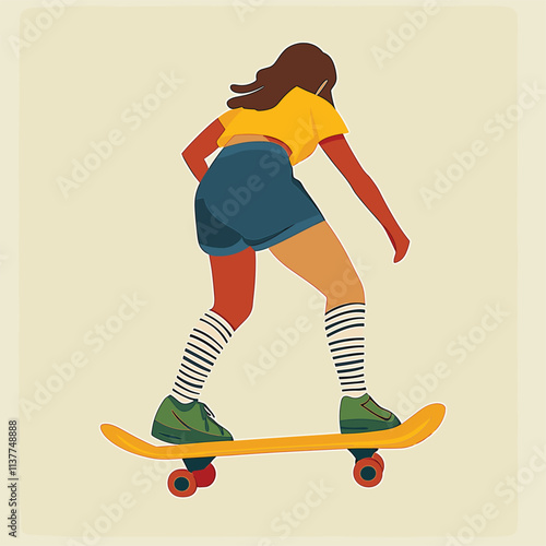 Person skateboarding with long hair, stylishly illustrated.