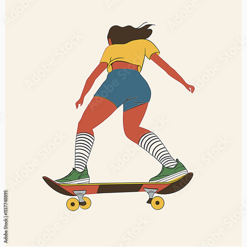 Person skateboarding with long hair, stylishly illustrated.