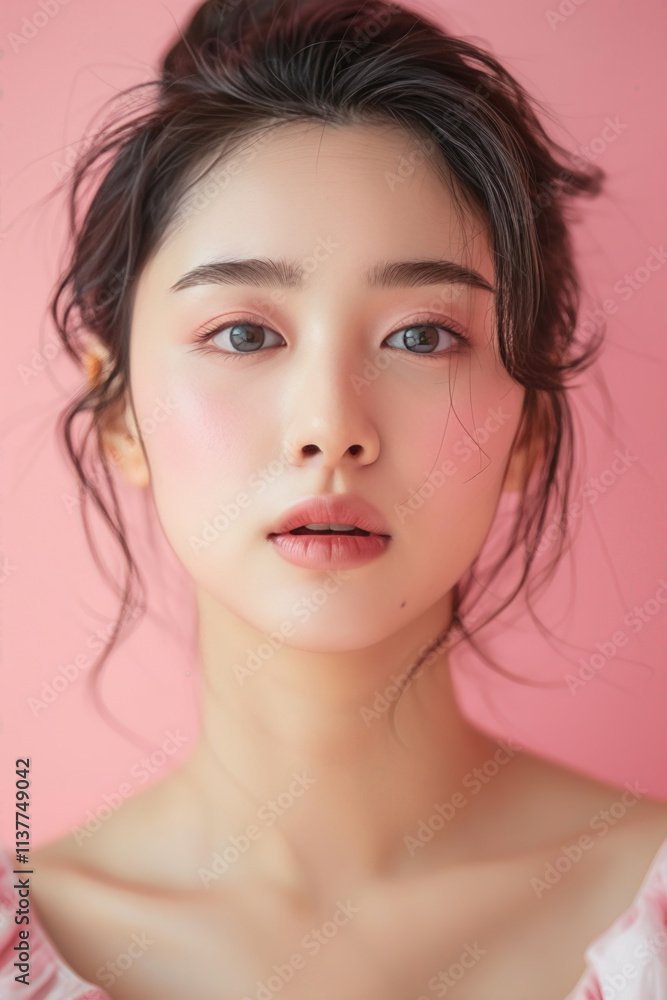 Young woman with neutral expression and soft lighting on pink background Young woman with neutral expression and soft lighting on pink background