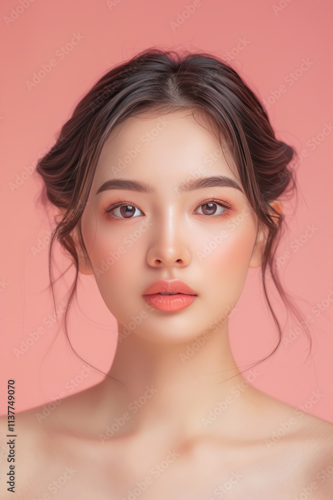 Elegant woman with neutral expression against pink background Elegant woman with neutral expression against pink background