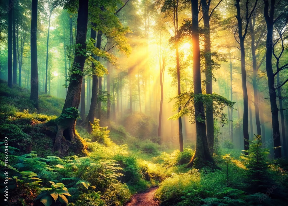 Obraz premium Vintage Style Photography Capturing the Enchantment of the Forest, Evoking the Breath of Nature Through Soft Lights and Earthy Tones in a Dreamlike Atmosphere