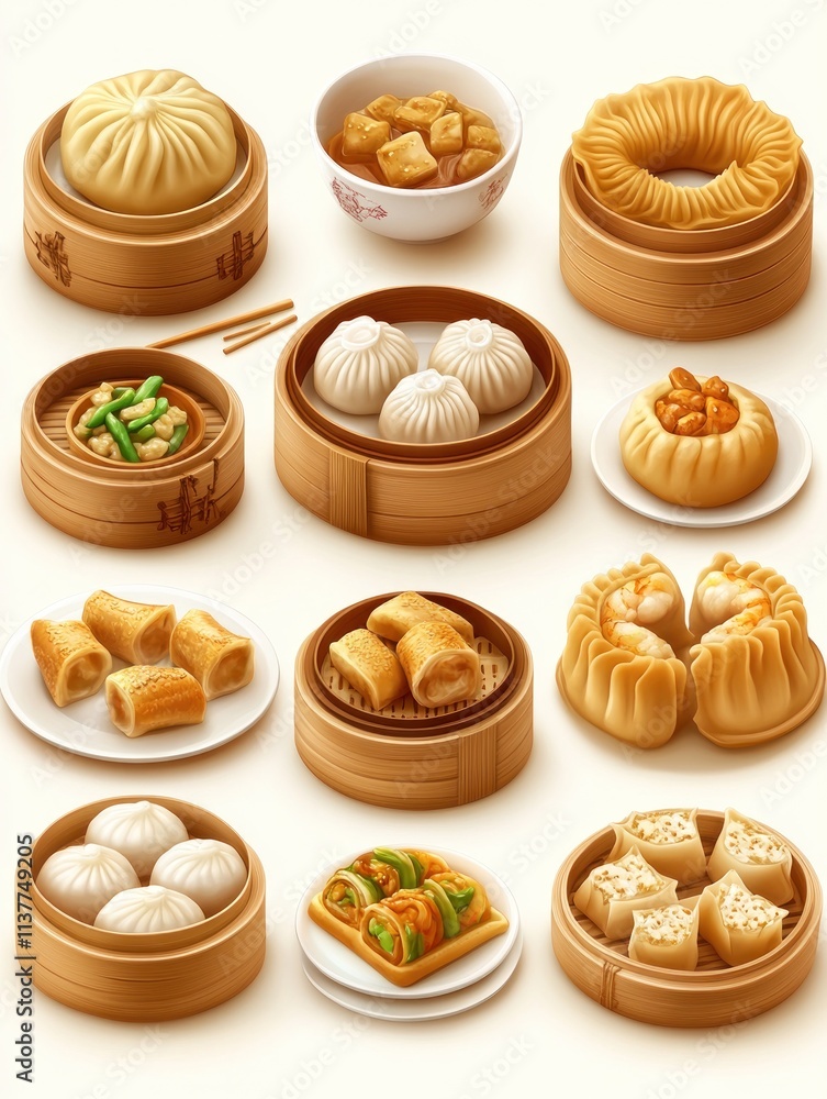 A variety of dim sum dishes displayed in bamboo steamers and plates. A variety of dim sum dishes displayed in bamboo steamers and plates.