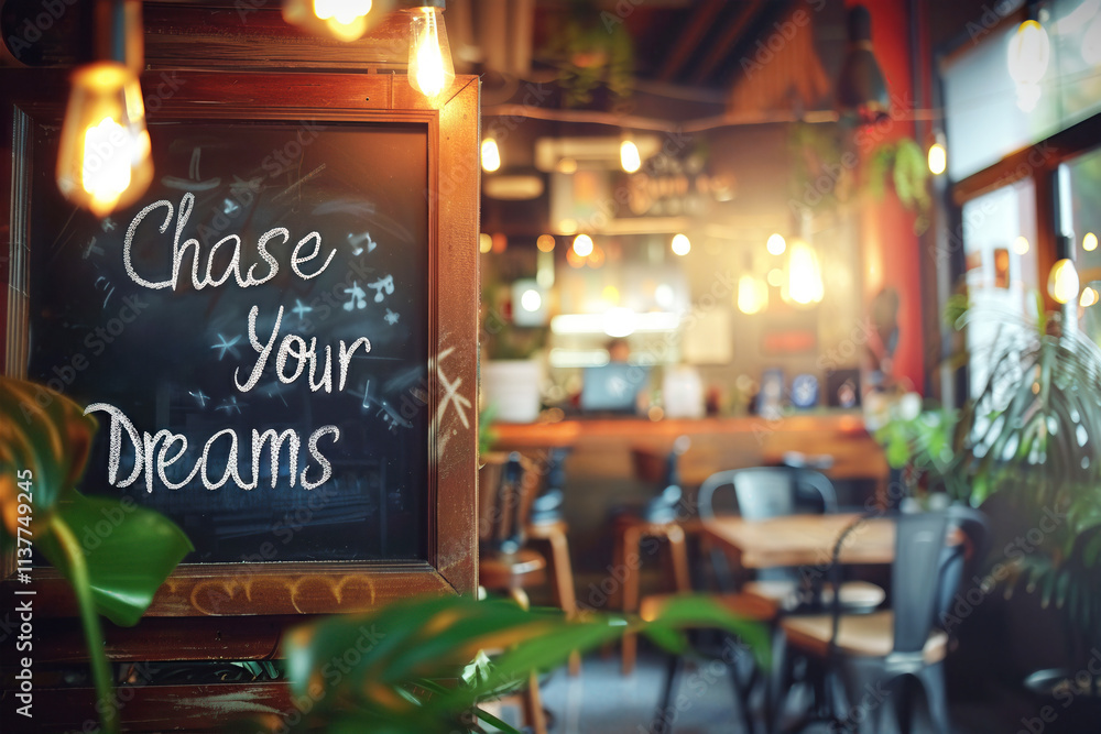 Naklejka premium Chalkboard sign in cozy cafe with Chase Your Dreams message
