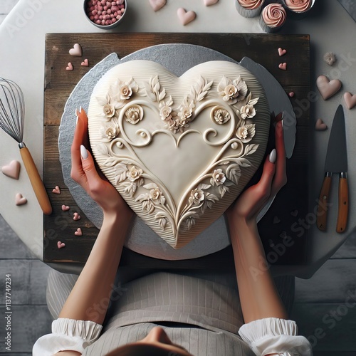 Women's hands hold a heart-shaped cake on a platter in front of them, a bakery, a baker girl