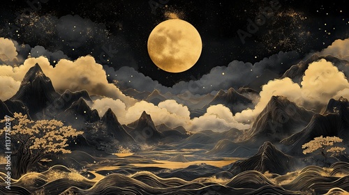 gold moon in sky and chinese landscape