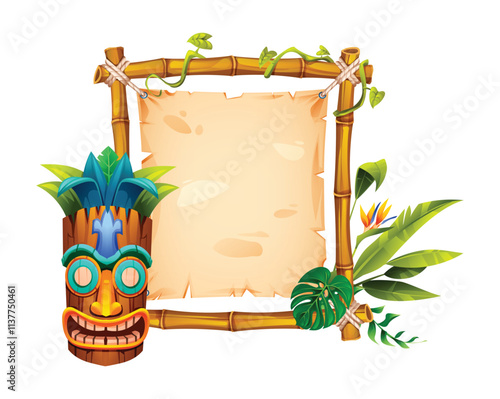 Decorative bamboo frame with tiki mask, tropical leaves and blank parchment. Vector cartoon illustration