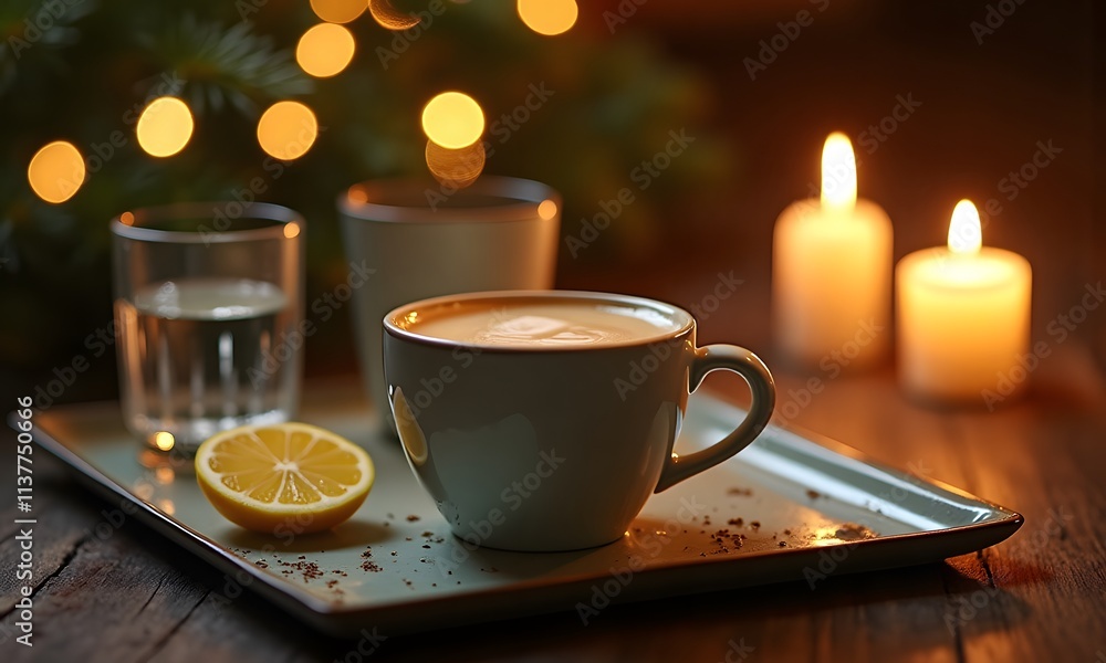 Fototapeta premium Melange coffee fills a cozy scene, featuring a steaming cup beside lemon slices and candles. The warm glow invites relaxation and serenity.