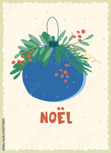 Vintage card with Noel hand lettering in French with Traditional Christmas symbols and decorations for festive projects, invitations, wall posters, social media and for home, crafts and goods