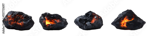 Four Glowing Hot Coals Displayed in Various Arrangements Isolated on white or transparent Background


