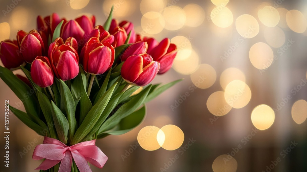 Obraz premium A Bouquet of Red Tulips with a Pink Ribbon
