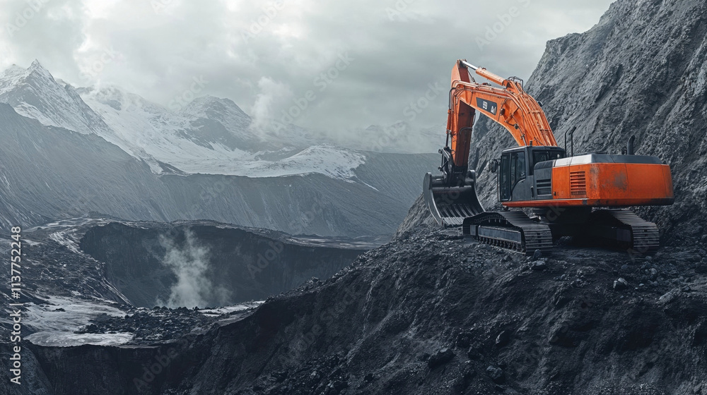 A powerful orange excavator working on rugged, mountainous terrain with snow-capped peaks and dramatic gray skies, symbolizing industry, construction, and resilience A powerful orange excavator working on rugged, mountainous terrain with snow-capped peaks and dramatic gray skies, symbolizing industry, construction, and resilience