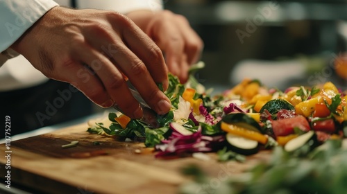 Chefs Hands Expertly Slicing Vibrant Vegetables for Fresh Salad
