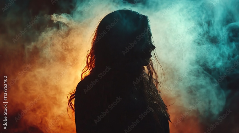 Fototapeta premium Abstract Smoke Effect with Dark Backdrop and Single Silhouette Against Colorful Swirling Smoke