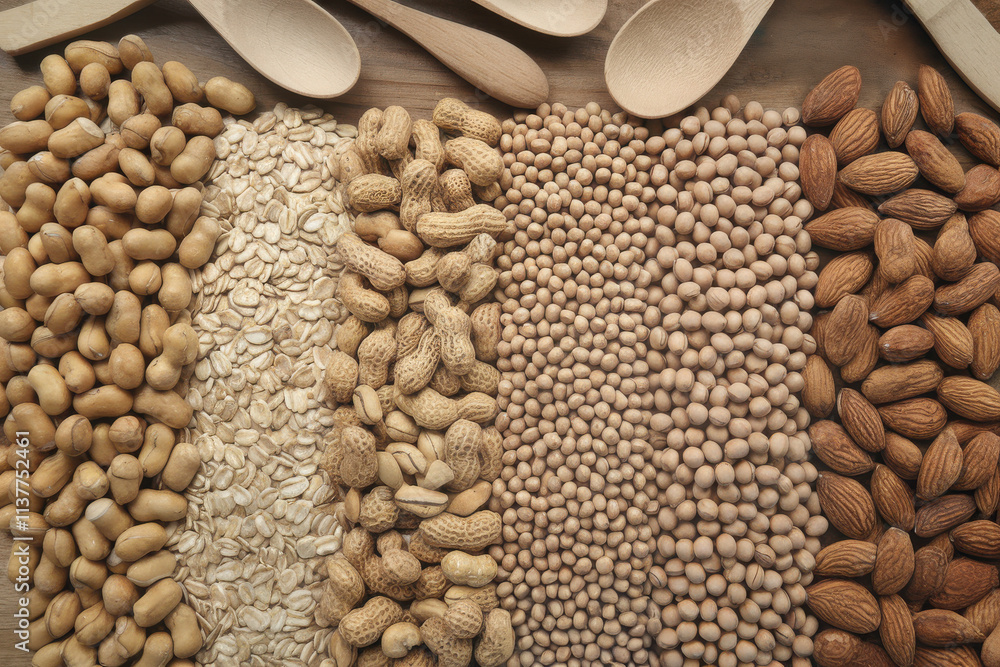 Fototapeta premium A top-down display of healthy peanuts, soybeans, oats, and almonds with wooden spoons.