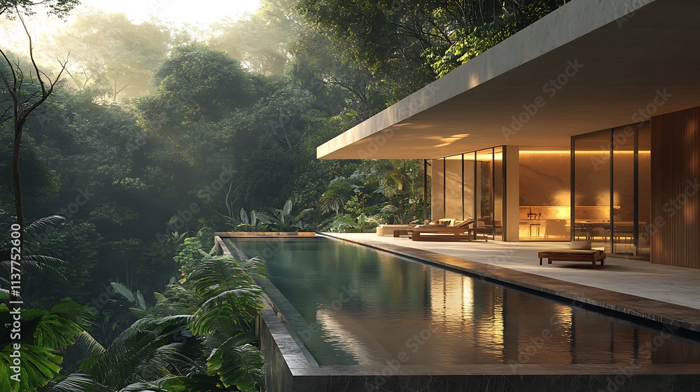Fototapeta premium Modern rainforest sanctuary featuring expansive glass walls, open terraces, and infinity pool overlooking dense greenery, sunlight dappling through leaves, minimalist design blending with nature,