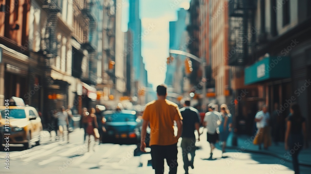 Busy Urban Street Scene with Pedestrians Walking in City Environment Under Bright Sunlight Busy Urban Street Scene with Pedestrians Walking in City Environment Under Bright Sunlight