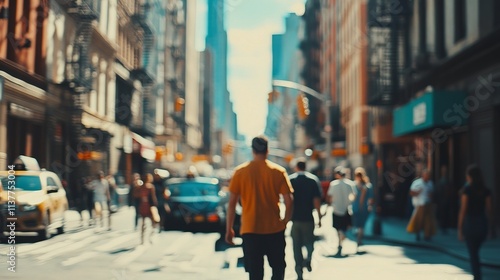 Busy Urban Street Scene with Pedestrians Walking in City Environment Under Bright Sunlight