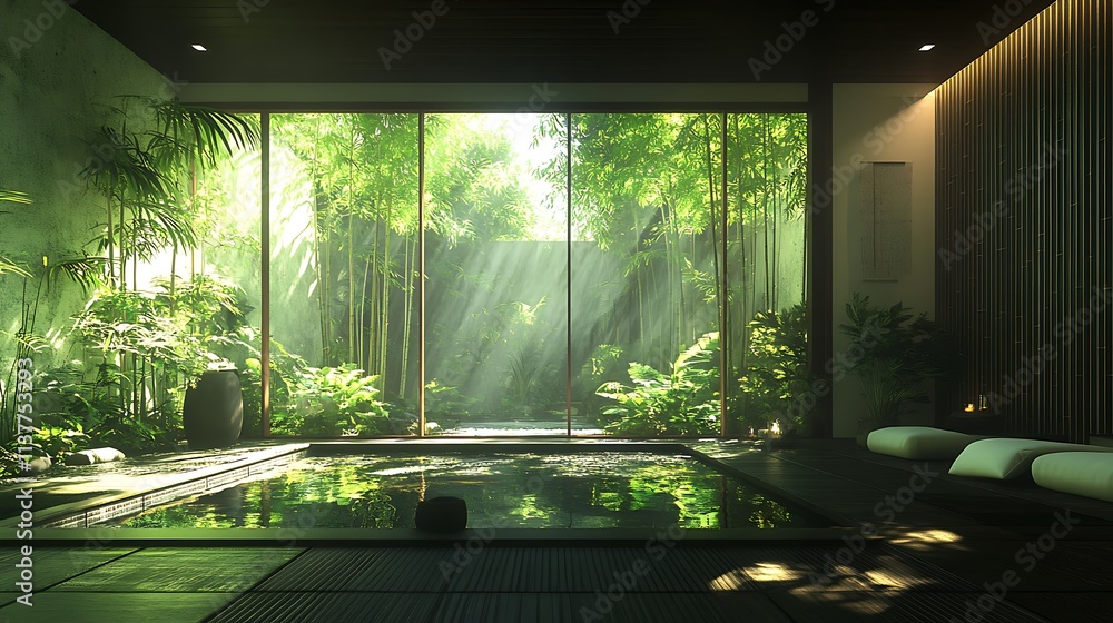 Fototapeta premium Modern tropical villa with sleek minimalist design, bamboo features framing large windows that open to rainforest views, warm ambient lighting, lush green surroundings,
