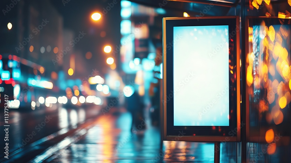 Empty Poster Space at Bus Stop Shelter with Streetlights in Urban Night Scene Empty Poster Space at Bus Stop Shelter with Streetlights in Urban Night Scene