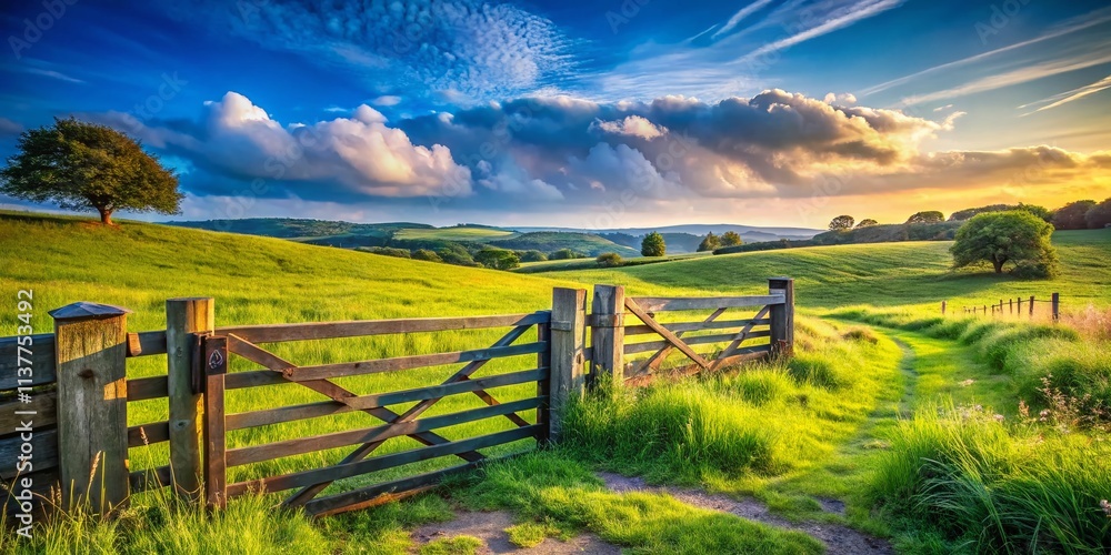 Fototapeta premium Open Wooden and Metal Gate Leading to a Lush Grass Field in a Serene Rural Landscape with Expansive Blue Sky and Gentle Breeze, Inviting Nature Exploration and Adventure