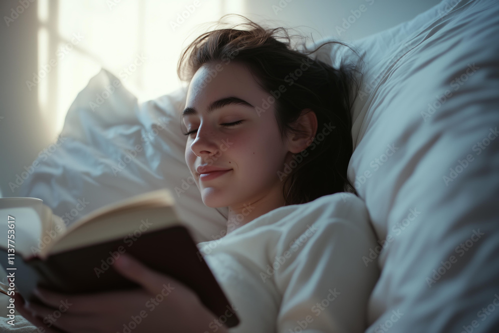 A side view close-up portrait of a young woman lying in bed with a soft smile, holding an open book Her face is relaxed and peaceful A side view close-up portrait of a young woman lying in bed with a soft smile, holding an open book Her face is relaxed and peaceful