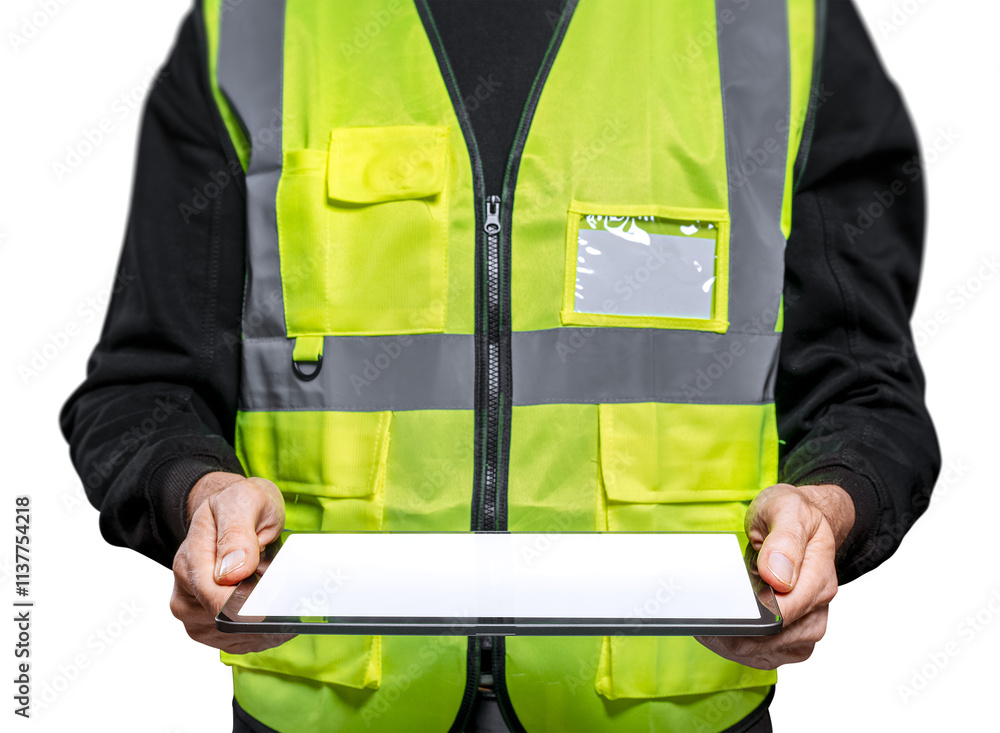 Male engineer png mockup holding on tablet Male engineer png mockup holding on tablet