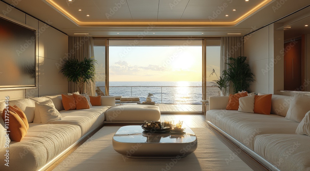 Fototapeta premium Luxurious yacht living room with ocean view at sunset.