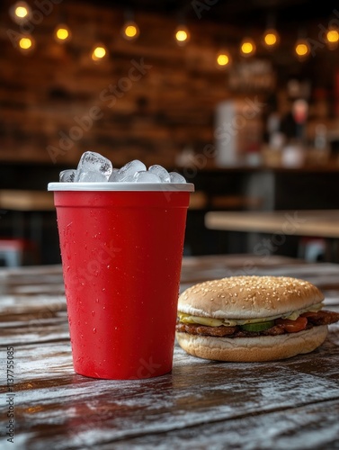 A red cup filled with ice next to a hamburger on a wooden table in a casual dining setting. photo