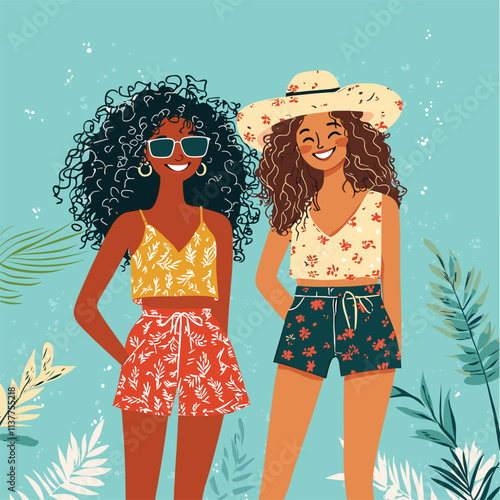 Two girls in matching summer outfits with leaf backgrounds.