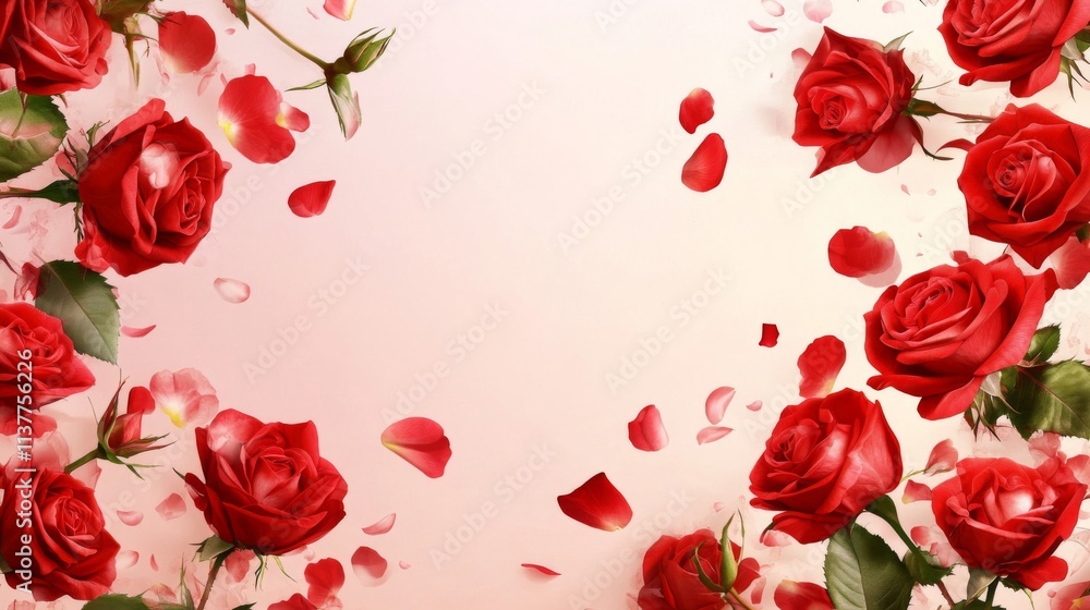 Red Roses and Petals Frame Soft Background Red Roses and Petals Frame Soft Background