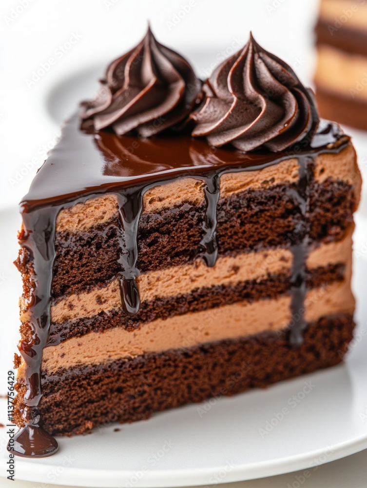 A slice of chocolate cake with layers and chocolate frosting, appealing for dessert lovers. A slice of chocolate cake with layers and chocolate frosting, appealing for dessert lovers.