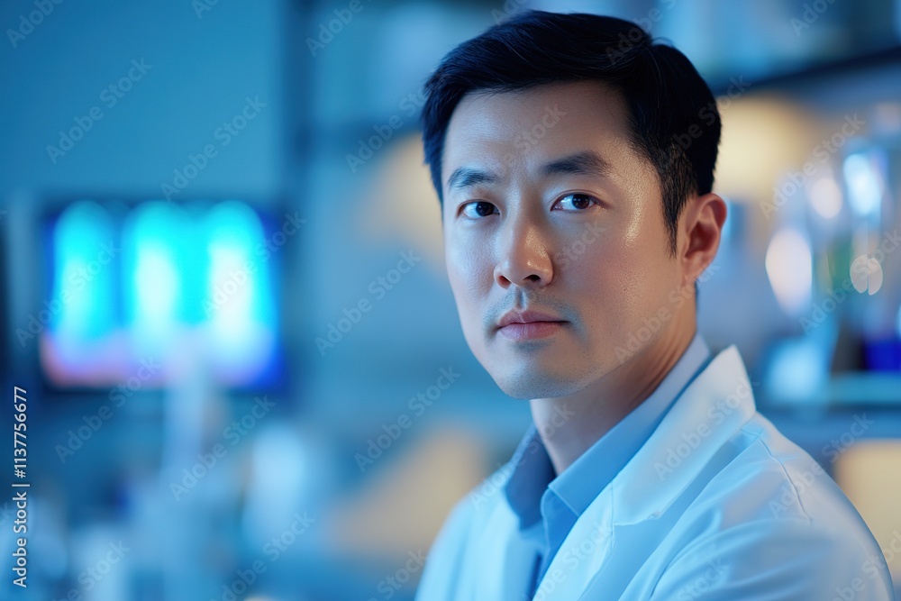 Focused scientist in lab coat, blurred equipment background Focused scientist in lab coat, blurred equipment background