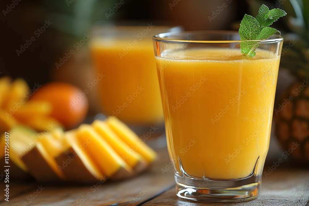 Two glasses of fresh mango pineapple smoothie on wooden table with sliced mango and pineapple. Two glasses of fresh mango pineapple smoothie on wooden table with sliced mango and pineapple.
