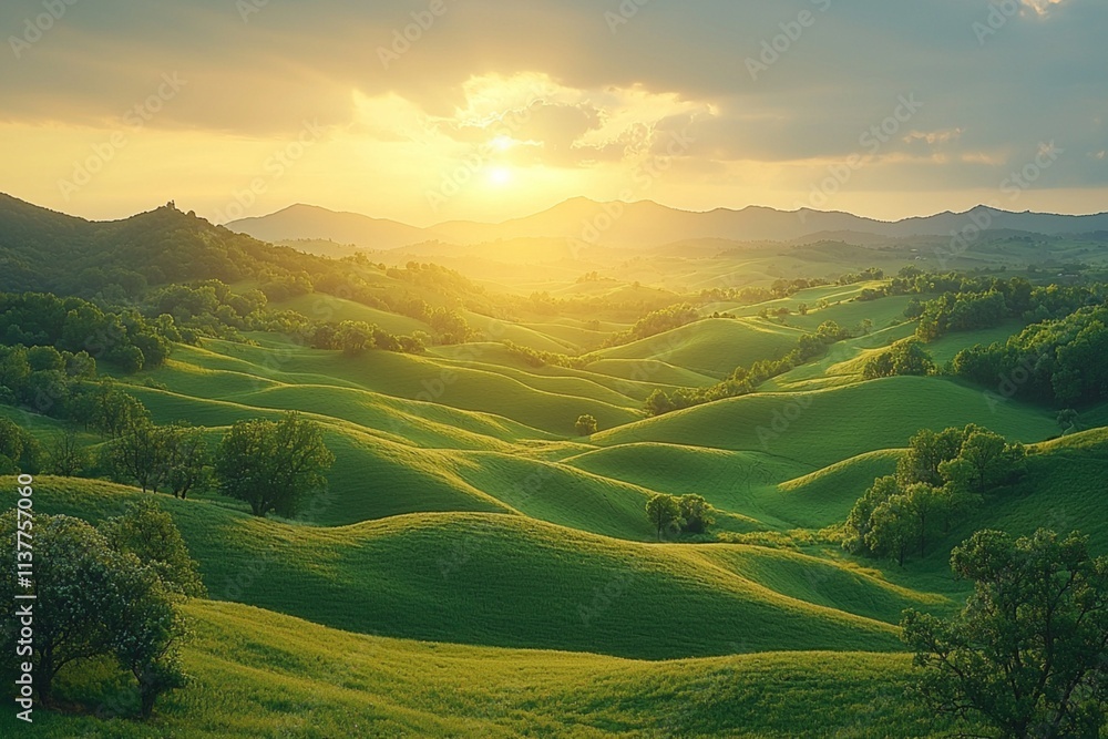 Warm sunlight bathes rolling hills and a distant mountain range at sunrise, creating a picturesque landscape Warm sunlight bathes rolling hills and a distant mountain range at sunrise, creating a picturesque landscape
