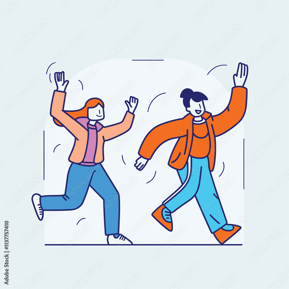 Fototapeta premium Two people running towards each other, extending arms, playful.