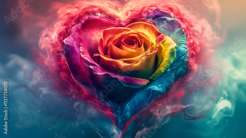 Rainbow Rose Enveloped in a Heart Shaped Smoke Cloud
