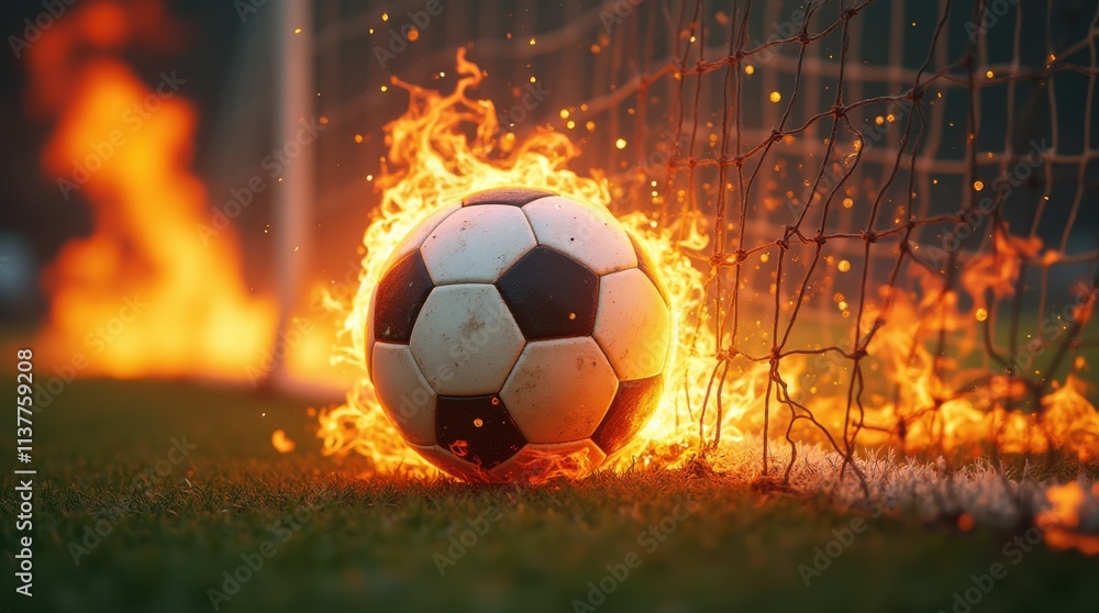 Fototapeta premium Fiery Soccer Goal: Blazing Ball Strikes the Net