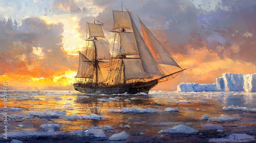Obraz premium Stately Tall Ship Sailing Through Icy Seascape at Dramatic Sunset