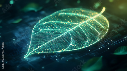 glowing futuristic leaf with fiber optic lines, symbolizing nature and technology. This vibrant image showcases blend of organic and digital elements in captivating way