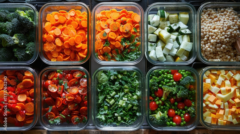Overhead view of various chopped vegetables and cheese in clear containers. Overhead view of various chopped vegetables and cheese in clear containers.