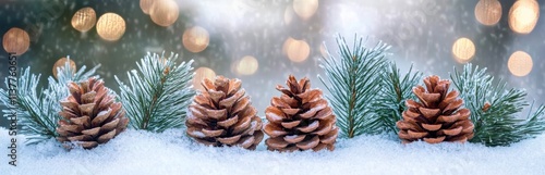 Christmas greeting card English text - Merry Christmas and happy new year - Pine cones and fir branches in winter snow landscape with magic lights in background -  Panorama- banner. photo