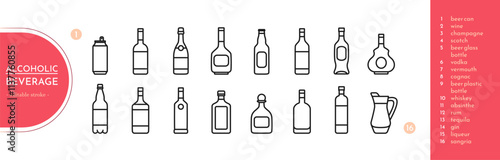 Alcoholic drinks packaging icon set in a line style. Editable stroke. Contains common beverages as wine, beer, whiskey, etc. Web pictograms. Vector illustration isolated on white background