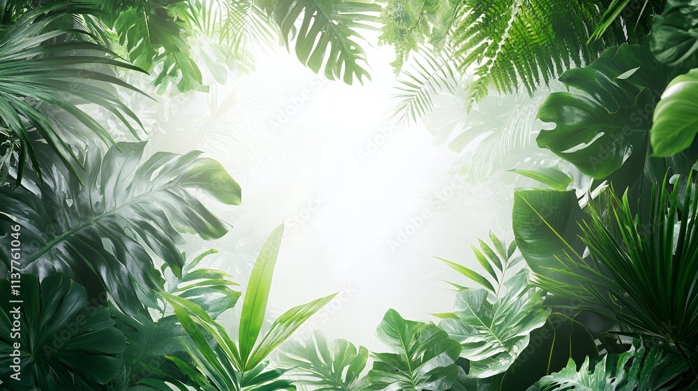Obraz premium A vibrant image of lush tropical rainforest, showcasing vibrant green foliage bathed in misty sunlight. The scene evokes tranquility and natural beauty.