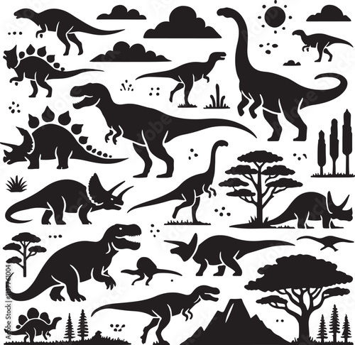 set of dinosaurs silhouette icon vector illustration with white background