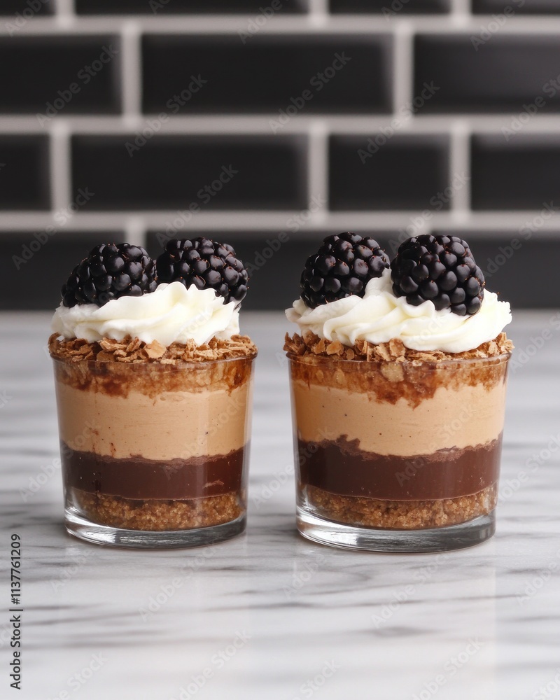 Two layered dessert cups with chocolate and cream topped with blackberries. Two layered dessert cups with chocolate and cream topped with blackberries.