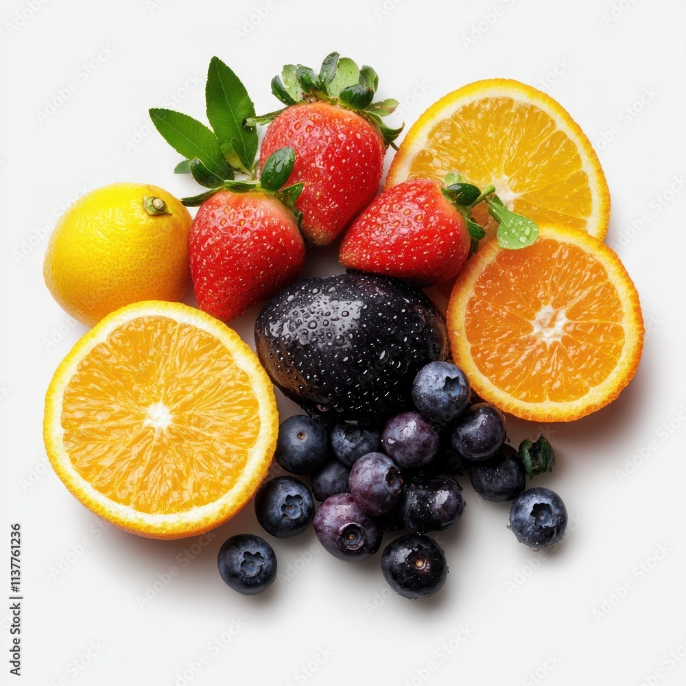 A vibrant assortment of fresh fruits including oranges, strawberries, blueberries, and lemon. A vibrant assortment of fresh fruits including oranges, strawberries, blueberries, and lemon.
