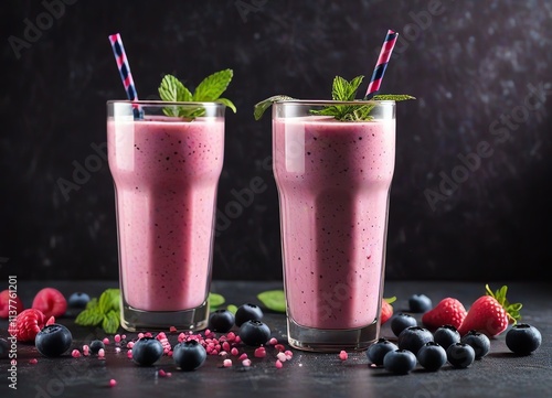 An image of two glasses filled with vibrant pink berry smoothies photo