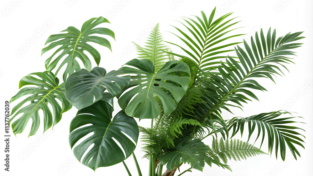 Fototapeta premium Lush green tropical plants bush, cut out. border, On white background, Clipping path