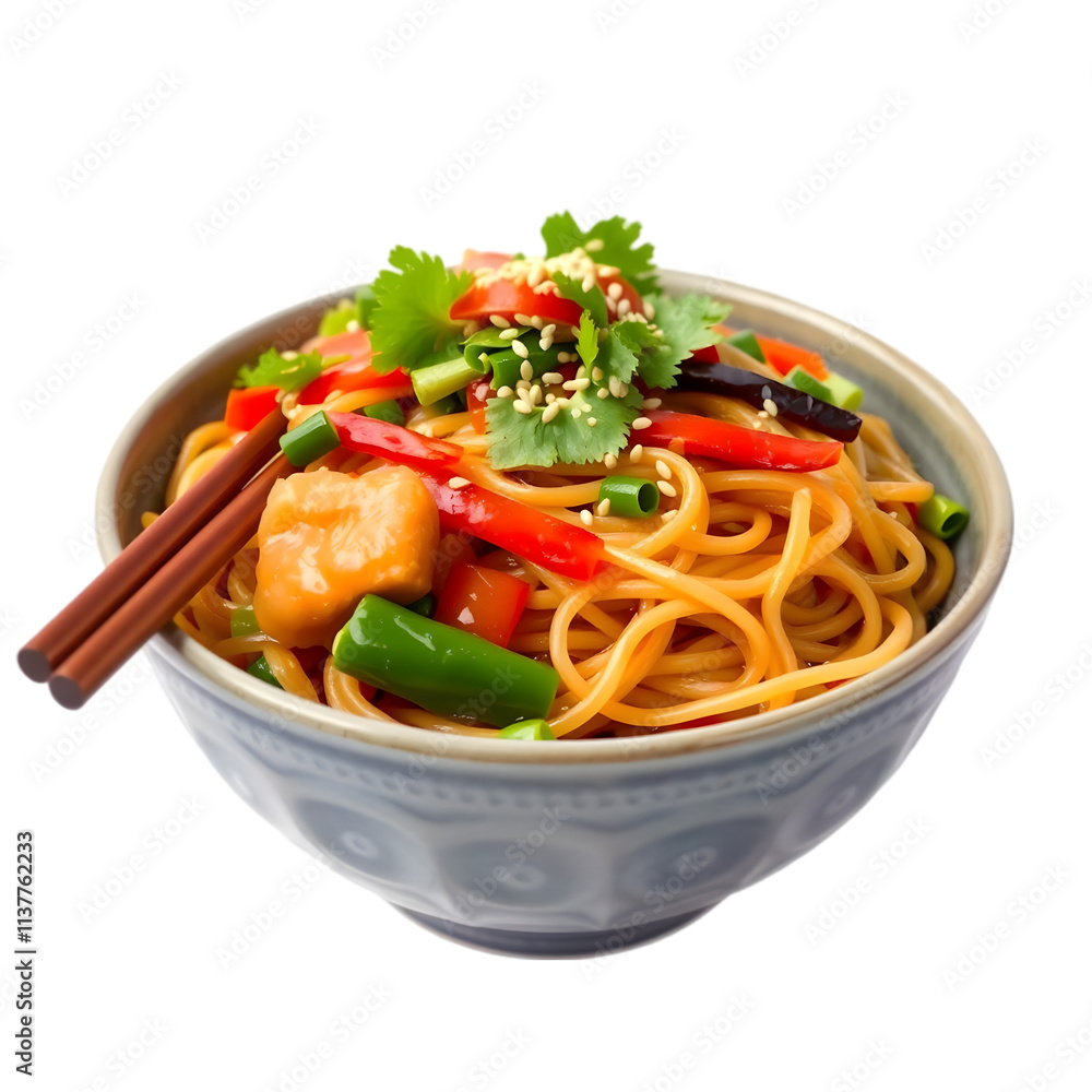 A bowl of savory Lo Mein noodles topped with vegetables and a sprinkle of sesame seeds, isolated on a white background A bowl of savory Lo Mein noodles topped with vegetables and a sprinkle of sesame seeds, isolated on a white background